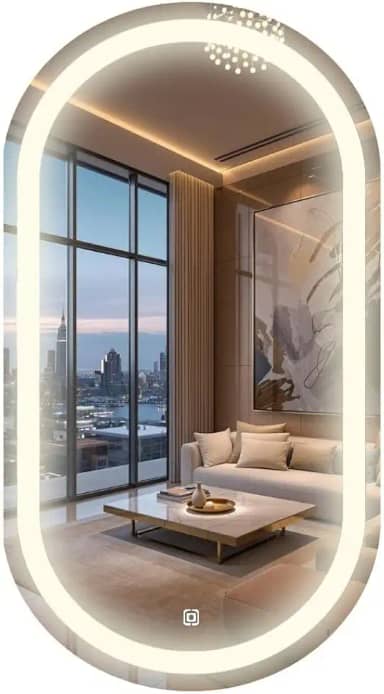 Espelho Parede Grande oval 50x80cm lapidado jateado com led luz Sensor Touch Screen dimerisável Luxo iluminado com pendurador fixo - Led Quente, neutro ou frio (Led Neutro 4000k)