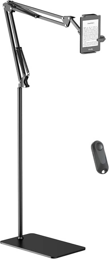 Suporte de chão para leitura Kindle na cama com virador de página remoto, suporte de braço de tablet mãos livres para acessório Kindle, compatível com iPhone Paperwhite eReader Tablet de 4,5 a
