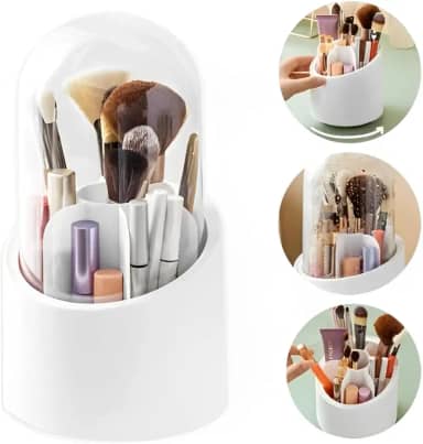 Porta Pinceis Organizador De Maquiagem Cosmeticos Giratório 360 Com Tampa Transparente 7 Divisorias