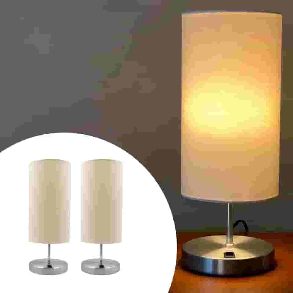 Kit com 2 Luminária de Mesa Abajur Base Redonda Alumínio Com Cúpula de Tecido Algodão (Escovado Cúpula Bege)