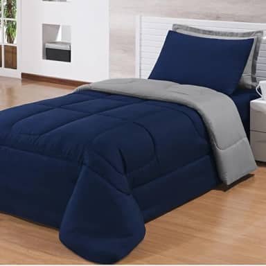 Edredom Solteiro Para Cama Box Dupla Face Com Fronhas 3 Peças (Marinho/Cinza)