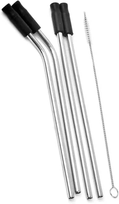 Kit Canudos Reutilizáveis, Aço Inox, 29cm, 4 Canudos com Pontas de Silicone e Escova de Limpeza