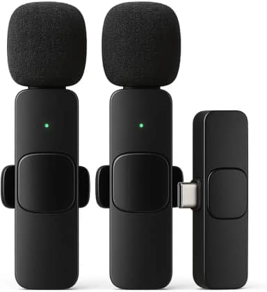 Kit 2 Microfones Lapela Sem Fio Compatível com Android e iPhone Tipo C 20m Vídeo Live YouTube Premium
