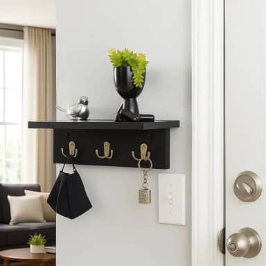 Porta Chaves de Parede com Prateleira em MDF - Chaveiro Decorativo - Organizador de Porta de Entrada - Prateleira para Chaves, Carteira e Óculos - UpShop (Preto)