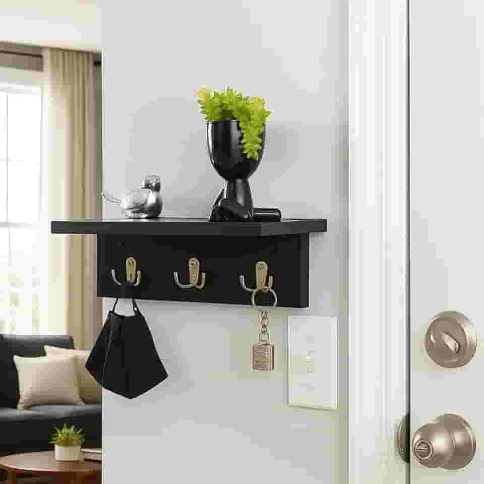 Porta Chaves de Parede com Prateleira em MDF - Chaveiro Decorativo - Organizador de Porta de Entrada - Prateleira para Chaves, Carteira e Óculos - UpShop (Preto)