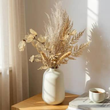 Vaso Off White + Arranjo Flores Secas Desidratadas Capim dos Pampas Decoração Sala Quarto