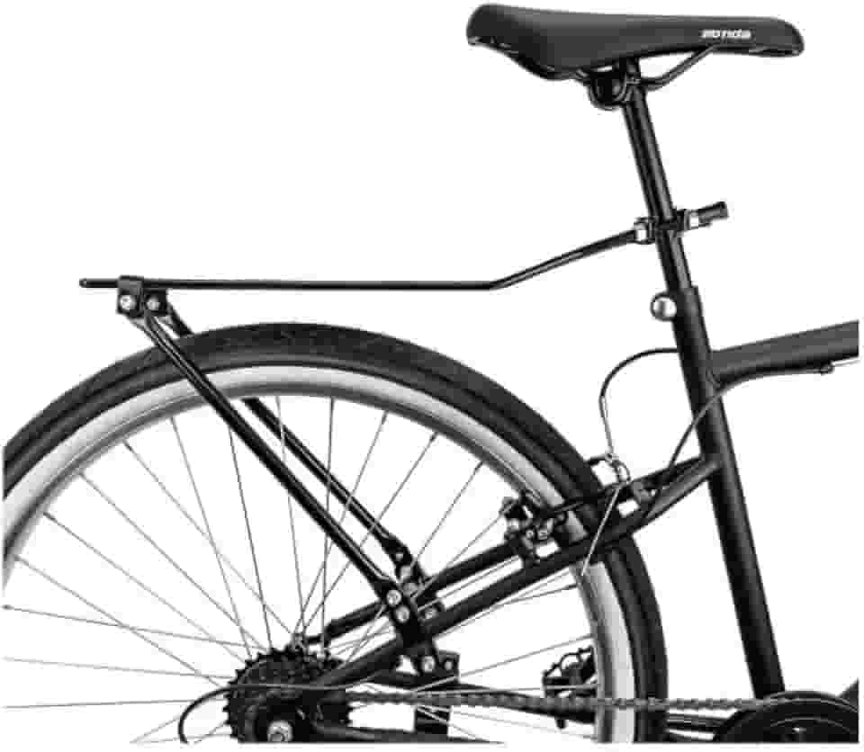 Bagageiro com hastes articuláveis que se adaptam a diversos modelos e aros de bicicletas, com fixação permanente no canote.