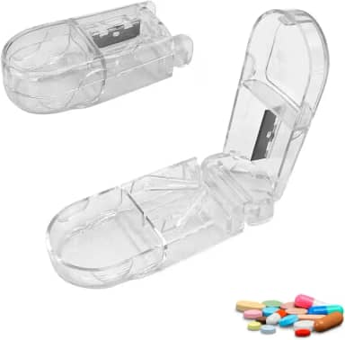 Cortador de Comprimidos 2em1 Premium Resistente Lâmina Afiada Corta e Armazena Porta Remédio, Cápsulas, Comprimidos, Lâmina em Aço Inoxidável