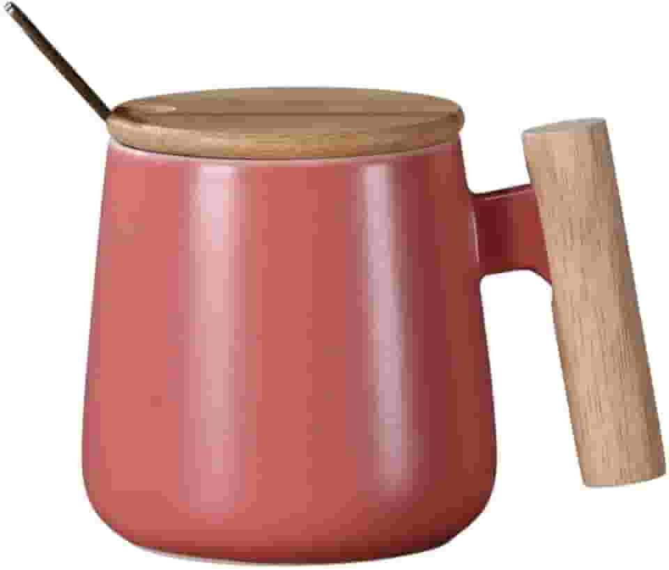 Caneca de Café em Cerâmica Lindo Design Cabo e Tampa de Madeira com Colher 350ml (UTI10-GO)