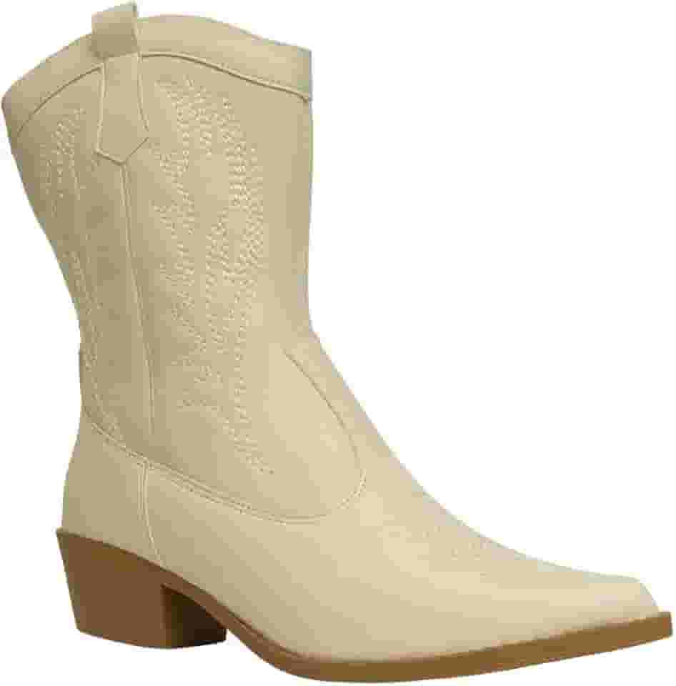 Bota Feminina Western Texana Bordada Cano Médio Salto Grosso Bico Fino Confortável