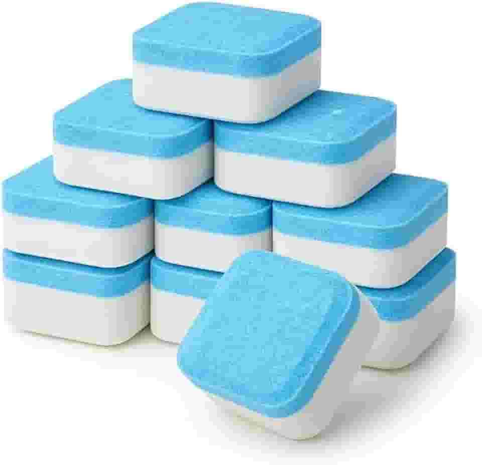 Kit 10 Pastilhas Limpadoras para Máquina de Lavar Remove Mau Cheiro, Limpeza Profunda, Proteção 12 Meses, Compatível com Todas as Máquinas, Tampa Frontal e Superior