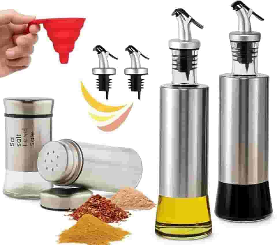 Kit Galheteiro para Azeite e Vinagre com Saleiro e Pimenteiro Prata, Funil Retrátil de Silicone e Bico Dosador com Fluxo Controlado para Cozinha Gourmet