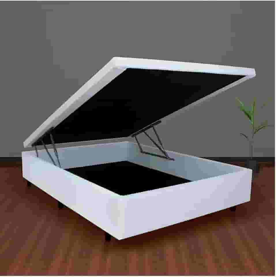 Cama Box Bau Casal com Pistões a gás (Corino, Branco)