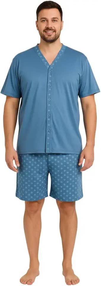 Pijama Masculino Adulto Botão Gola V Manga Shorts Curto Quentinho Macio Confortável