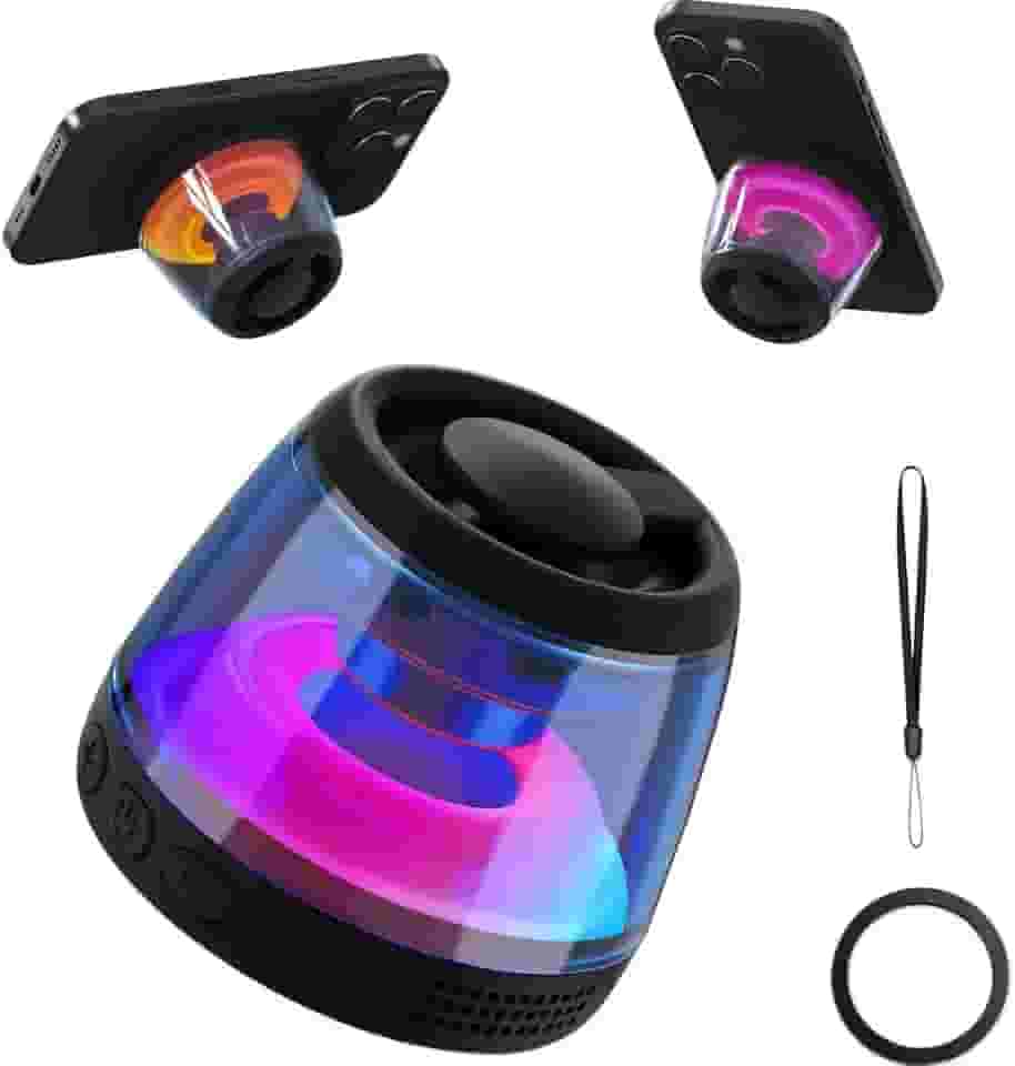 Caixa de som Bluetooth portátil com luz LED RGB, suporte magnético para celular, som 360°, à prova d’água IPX7, ideal para banho, festa e viagem