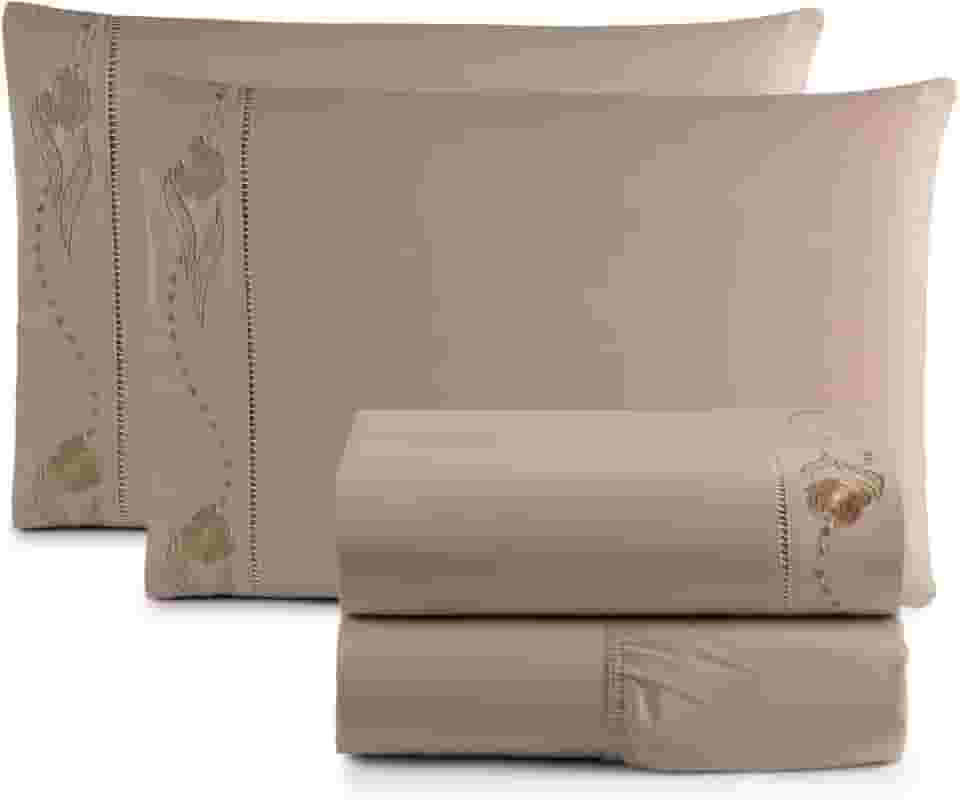 Jogo de Cama Lençol Queen Bordado Imperial Realeza 4 Peças 200 Fios Percal 100% Algodão (CÁQUI)