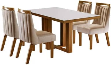 Conjunto Sala de Jantar Mesa Tampo MDF e Vidro e 4 Cadeiras Lottus