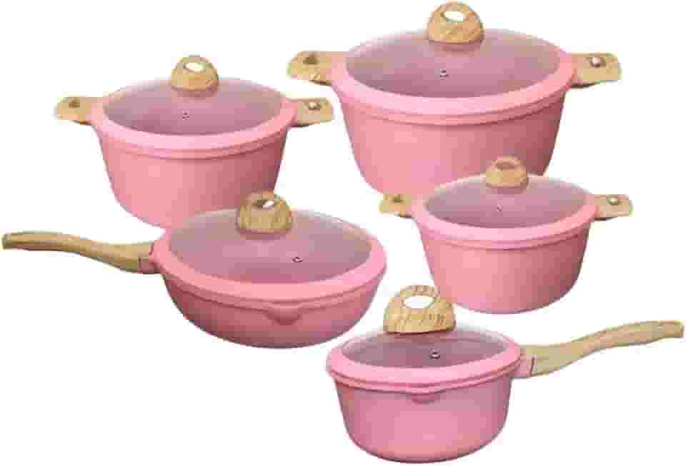 Conjunto de Panelas Ceramica Antiaderente Jogo de 5 Peças Granito Serve Para Fogão Indução, Fogão a Gás - Cor Rosa