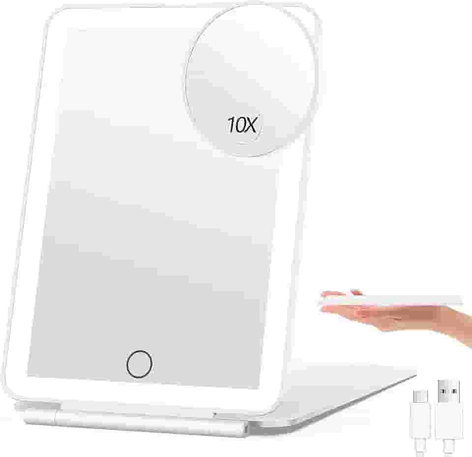 Espelho de Maquiagem Portátil com Luz LED e Aumento 10X, Recarregável via USB, 3 Cores, Tela Touch, Ultra Fino e Dobrável, para Viagem, Maquiagem e Escritório