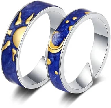 Par Aliança Sol E Lua Casal Anel Ajustável Namoro Caixinha