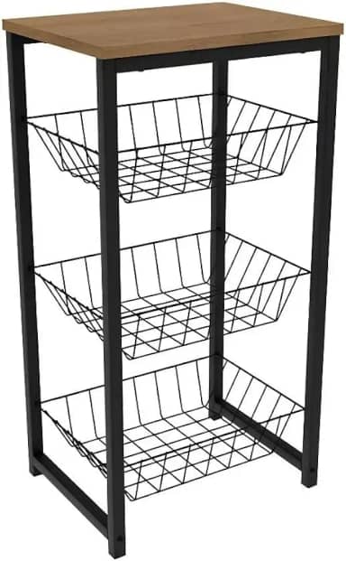 Fruteira De ChãO Amadeirado Cestos RemovíVeis Suporta 50kg Preto Fosco AçO