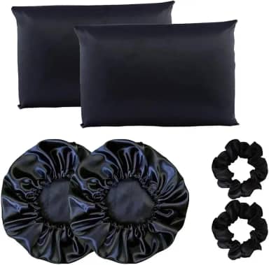 Kit 2 Fronha De Cetim Seda + 2 Toucas + 2 Xuxinhas (preto)