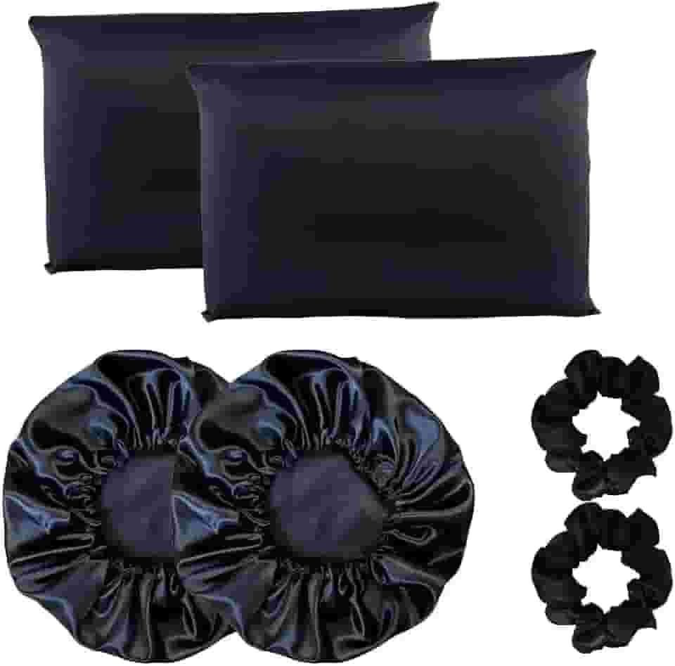 Kit 2 Fronha De Cetim Seda + 2 Toucas + 2 Xuxinhas (preto)