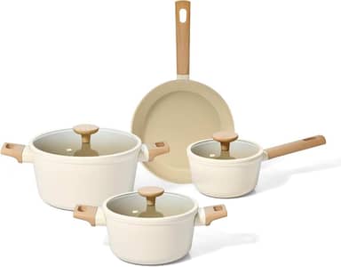 Oikos - Jogo Panelas Antiaderente Cerâmico 4 Peças para Fogão por Indução, a Gás, Elétrico e Vitrocerâmico com Borda de Silicone Cor Bege Mou Nata