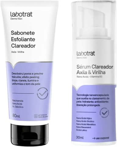 Kit Clareador e Inibidor de Pelos Labotrat Dermo Skin com Sabonete Esfoliante 80ml e Sérum Clareador 30ml Clareia Manchas Reduz Pelos e Foliculite para Axilas e Virilha com Tecnologia Nanotecnológica