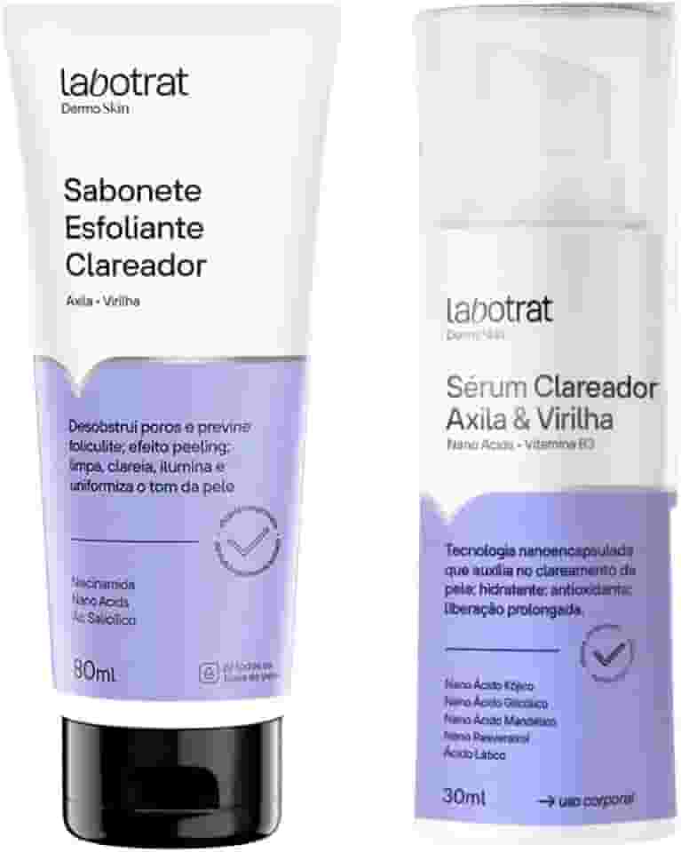Kit Clareador e Inibidor de Pelos Labotrat Dermo Skin com Sabonete Esfoliante 80ml e Sérum Clareador 30ml Clareia Manchas Reduz Pelos e Foliculite para Axilas e Virilha com Tecnologia Nanotecnológica