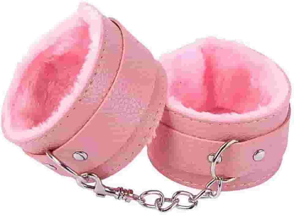 Algema Bracelete em Couro Macio com Pelúcia Aveludada e Corrente Cromada 5,5cm x 9cm Fivelas Ajustáveis (ROSA)