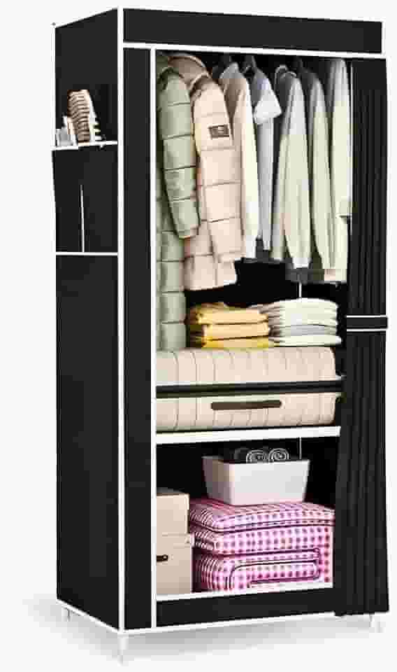 Guarda-Roupa de Tecido Portátil com Zíper – Closet Dobrável Organizador com Cabideiro e Prateleiras – Estrutura Reforçada em Aço, Ideal para Quarto, Lavanderia e Viagem Preto TDEVC