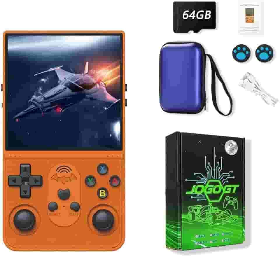 Console de videogame retrô R36S GT, 64 GB, sistema Arkos 2.0, Tela de 4,0 polegadas,15.000 jogos integrados, brinquedo retrô perfeito para meninos,video game portatil,console portatil (cor laranja)