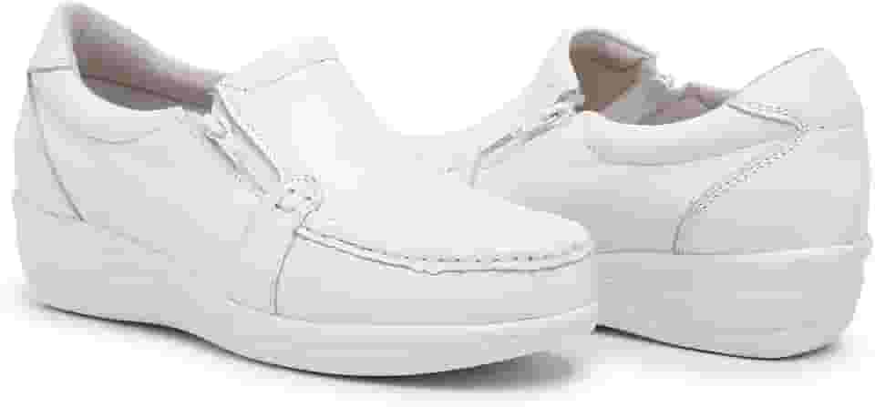Sapato Ortopédico Mocassim Zíper Lateral Anti-stress em Couro Legítimo, Branco, Tamanho 33