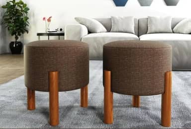 PC Móveis – Kit 2 Puff Redondo Luxo Decorativo em Linho ou Suede – Sala, Quarto e Escritório (Linho, Marrom)