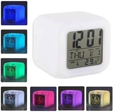 RELOGIO DIGITAL DESPERTADOR CUBO COLORIDO LUMINARIA INFANTIL LED 7 CORES TERMOMETRO CALENDARIO ALARME