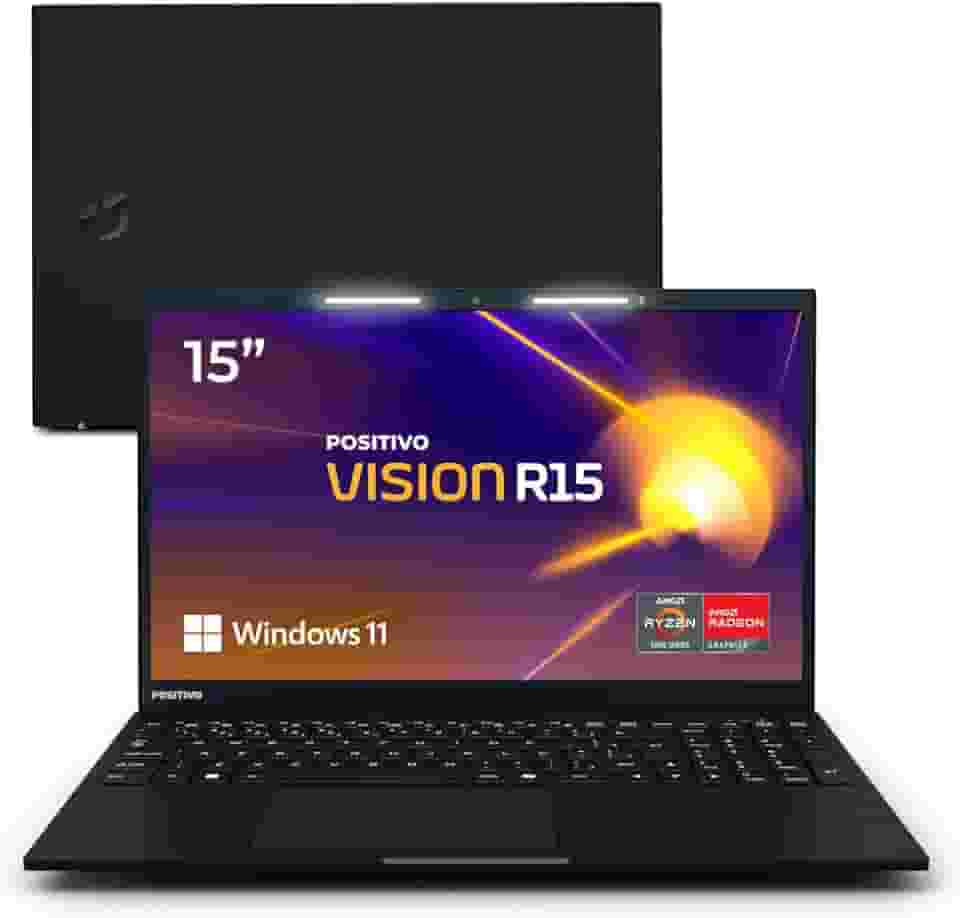 Notebook Positivo Vision R15 AMD Ryzen 5 Windows 11 Home 8GB 256GB, Lumina Bar, Tela 15' IPS Full HD Antirreflexo, Tecla Copilot - Preto - R58256A-15