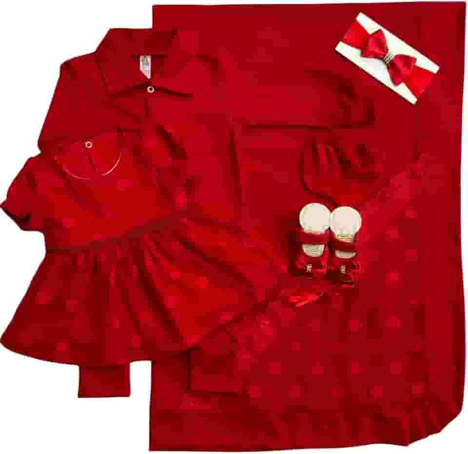 Conjunto Saída Maternidade Luxo Vermelho, Vestido com Poás, Faixa de Cabelo com Laço, Sapatinho, 6 Peças