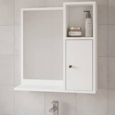 Espelheira Suspensa Armário Aéreo de Parede para Banheiro Pequeno Apartamento Bancada Prateleira com Espelho 1 Porta e Nicho Organizador Deca Aqua - Branco