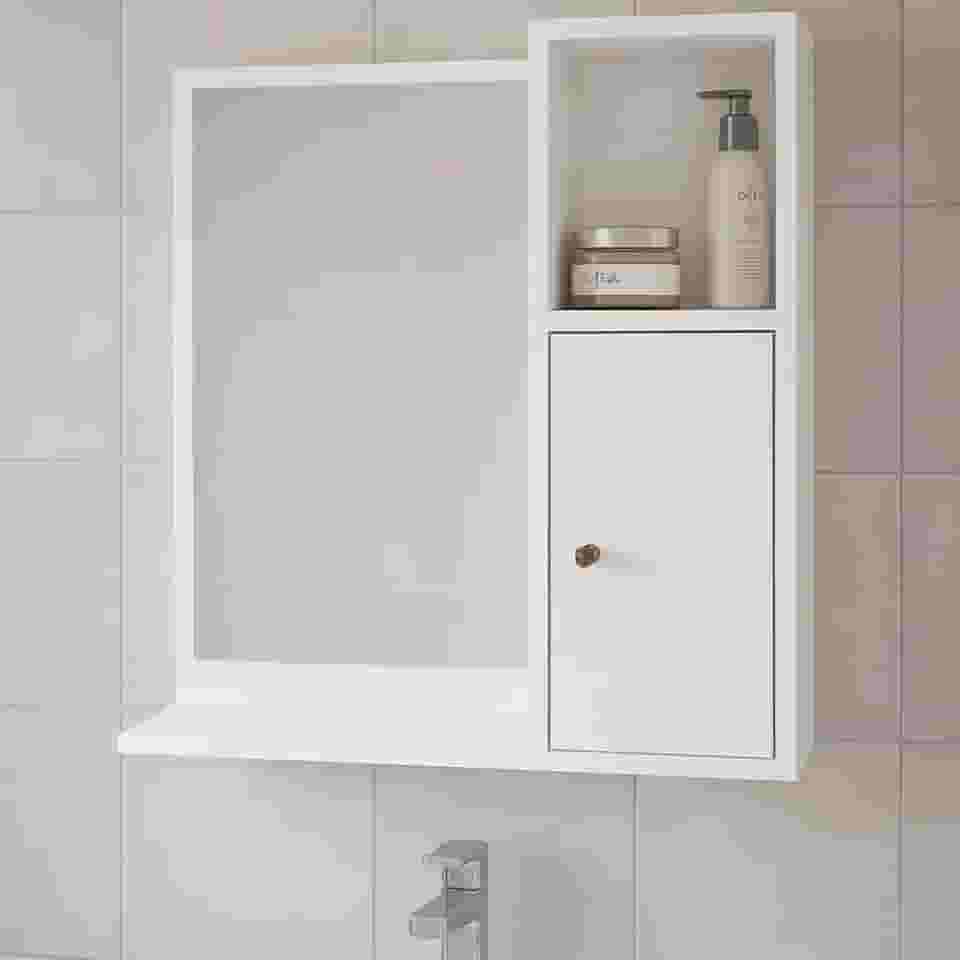 Espelheira Suspensa Armário Aéreo de Parede para Banheiro Pequeno Apartamento Bancada Prateleira com Espelho 1 Porta e Nicho Organizador Deca Aqua - Branco