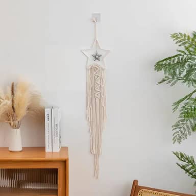 Apanhadores de sonhos, tapeçaria de parede de tecido macramê boho, estrela de lua crescente, apanhador de sonhos com borla longa, decoração de parede boho de algodão branco, estrela