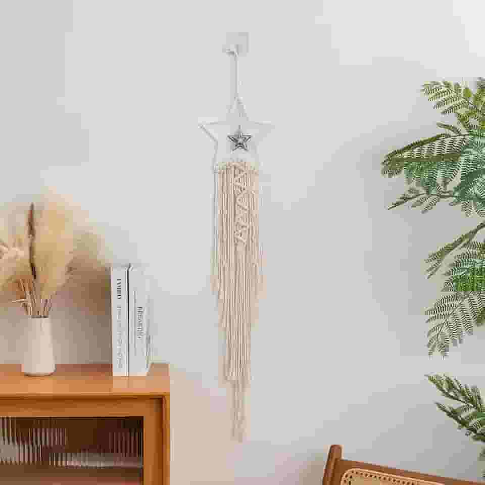 Apanhadores de sonhos, tapeçaria de parede de tecido macramê boho, estrela de lua crescente, apanhador de sonhos com borla longa, decoração de parede boho de algodão branco, estrela