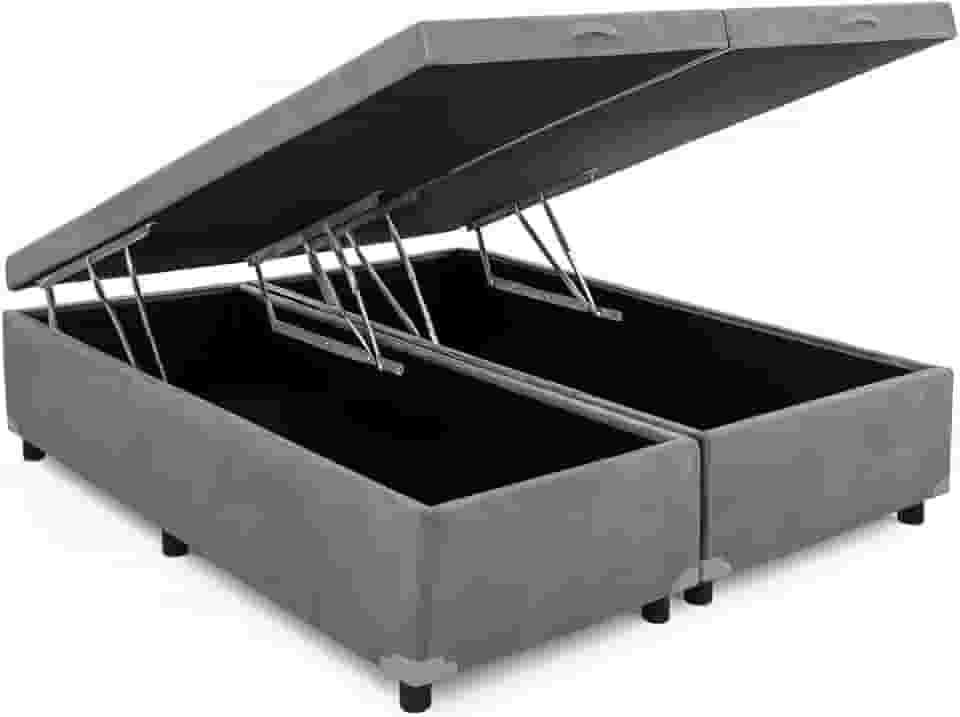 Cama Box Baú Casal Bipartido 69, Blindado, com Pistão a Gás, Pés de Madeira (Suede, Cinza)