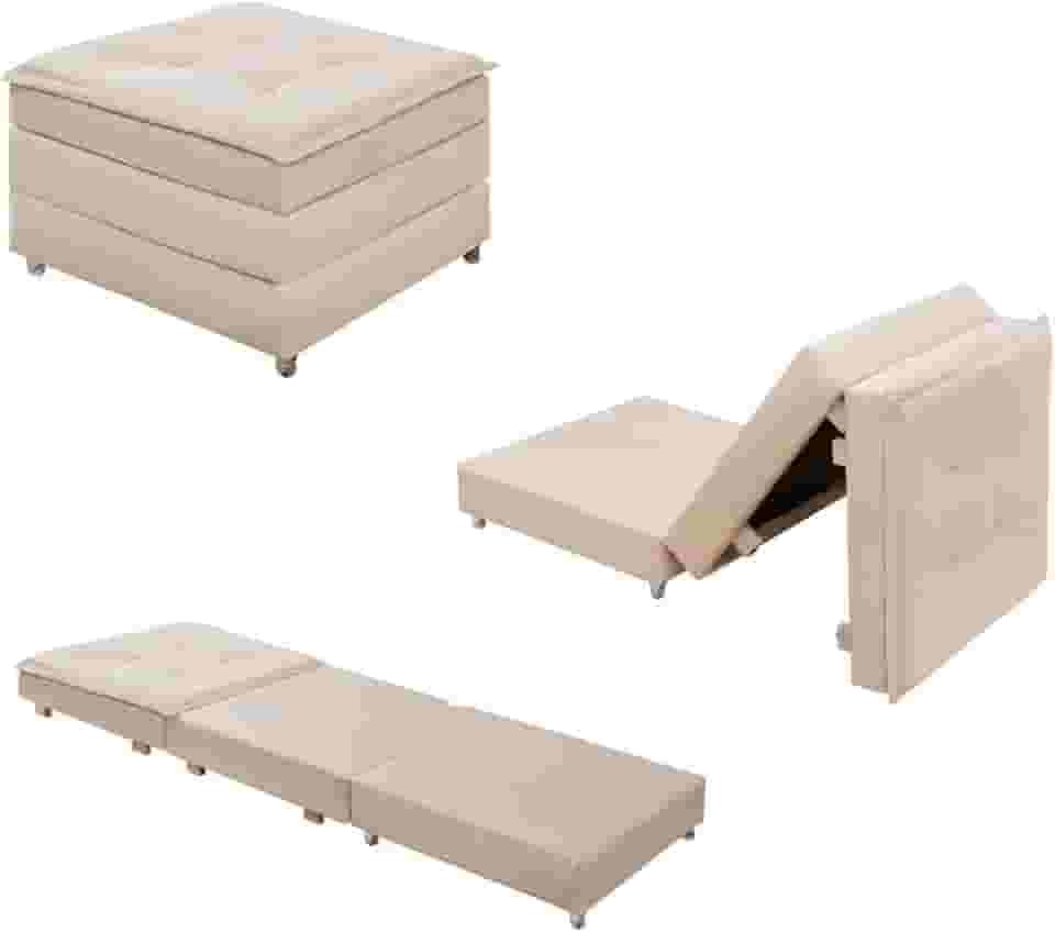 Puff Dobrável 3 em 1 Que Se Transforma em Cama Solteiro Versátil Confortável Com Rodinhas E Bau - Bege