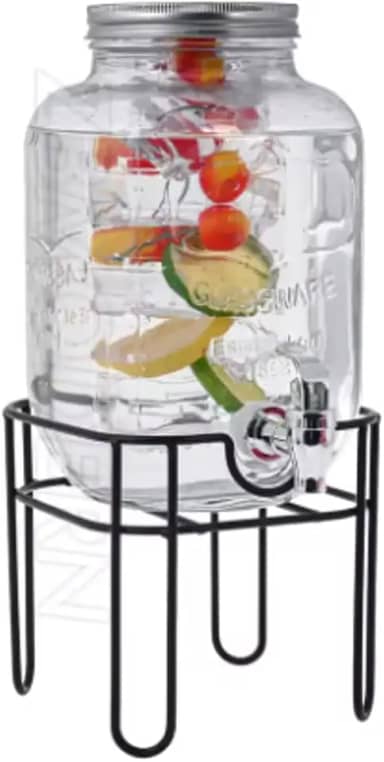 Suqueira de Cristal AGUA SABORIZADA com Suporte, 5 Litros, Dispenser de Bebidas com Torneira Prateada e Tampa de Alumínio, Base Metálica