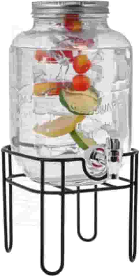 Suqueira de Cristal AGUA SABORIZADA com Suporte, 5 Litros, Dispenser de Bebidas com Torneira Prateada e Tampa de Alumínio, Base Metálica