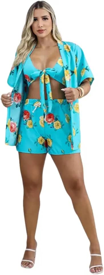 Biquini Conjunto 3 Peças Kimono Short Top Saída De Praia
