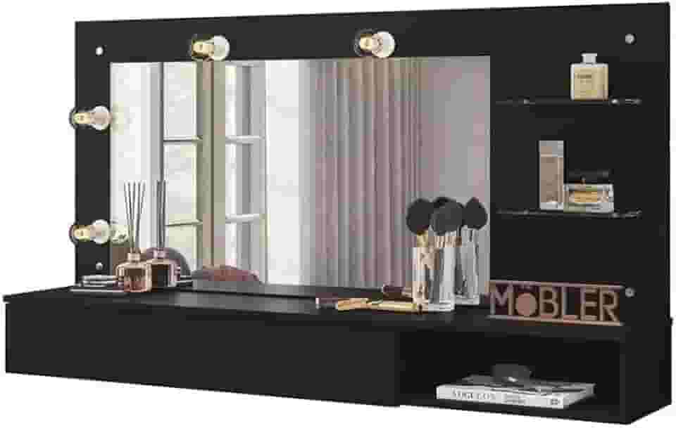 Penteadeira Camarim Suspensa com Espelho, Iluminação LED, Prateleiras, Branca (Preto)