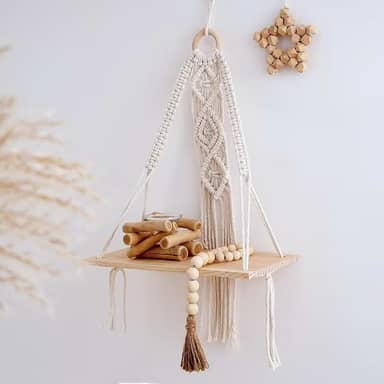 Prateleira suspensa de macramê, prateleiras suspensas boho de 1 camada, decoração de parede para sala de estar, quarto, prateleira flutuante de madeira feita à mão com corda tecida, organizador de