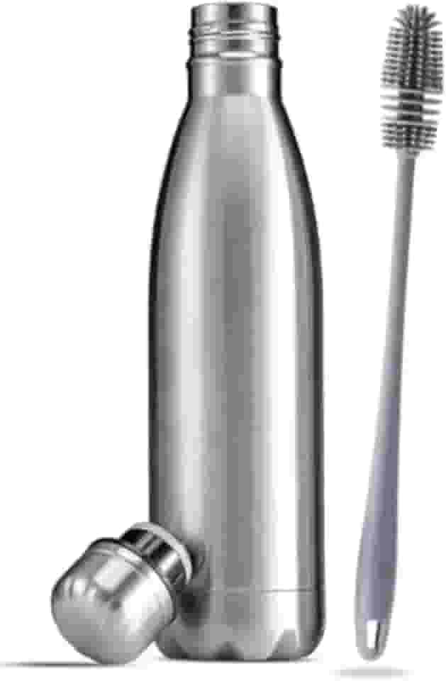 Garrafa Térmica Aço Inox água Gelada Anti Vazamento 500ml de Dupla Camada com Tampa Rosqueável + Escova Silicone para Limpeza